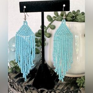 Vintage Turquoise Blue Sea Bead Boho Style 4” Long Hand Beaded Earrings